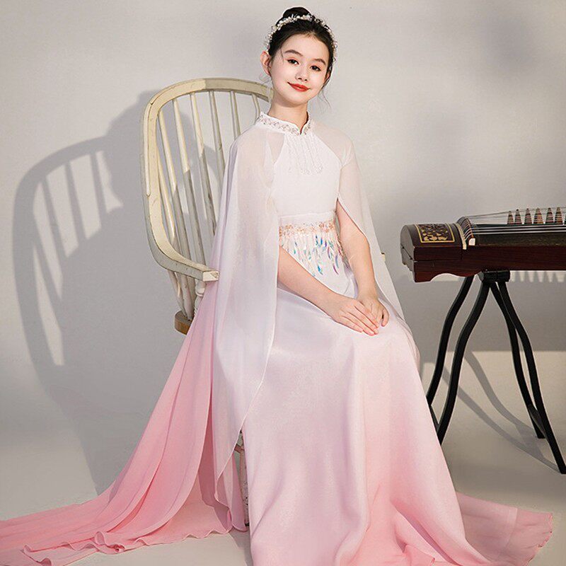 女童古筝演出服古风汉服超仙古琴演奏合唱儿童古典舞艺考表演礼服