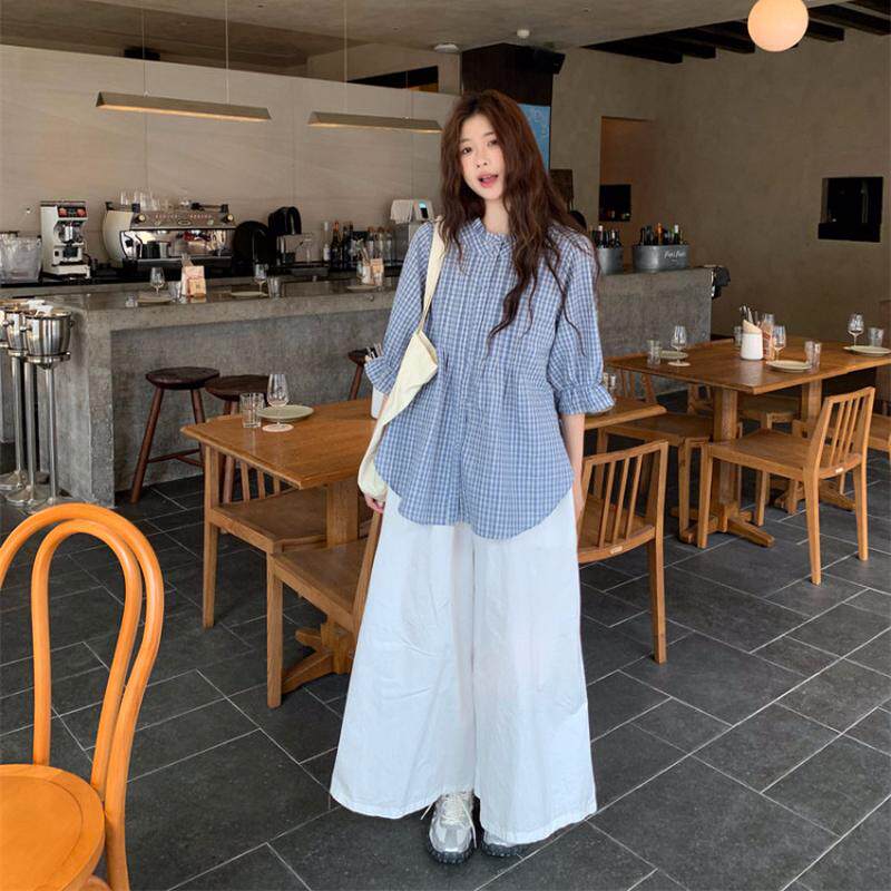 大码女装胖mm夏季日系甜美套装女格子喇叭袖衬衫白色阔腿裤两件套