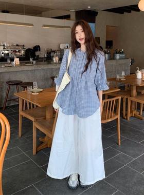 大码女装胖mm夏季日系甜美套装女格子喇叭袖衬衫白色阔腿裤两件套