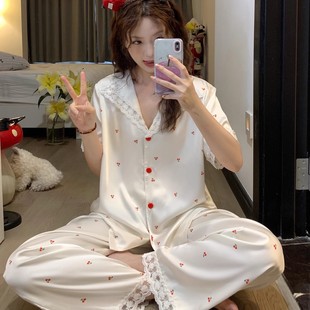 甜美V领短袖 睡衣女春夏款 2025新款 蕾丝拼接樱桃冰丝绸家居服套装
