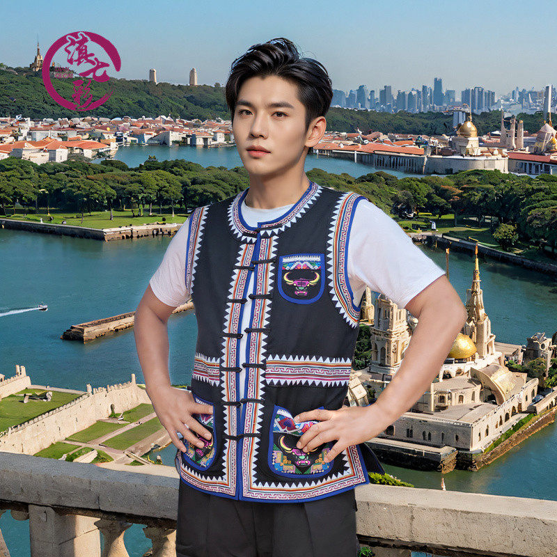 新款黑色帆布马甲锯齿男马夹口袋休闲圆领民族男士绣花马褂,男装,其他民族服装,淘宝优惠券,粉丝福利购,淘宝优惠卷