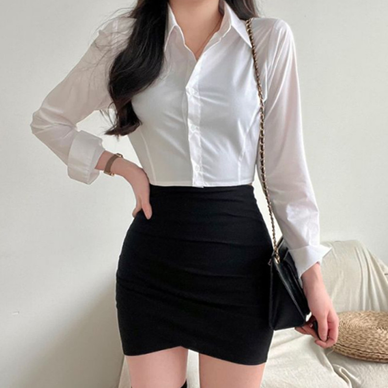 白色ol职业衬衫女秋季韩版小个子显瘦百搭长袖打底衫短款外穿