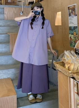大码女装胖mm韩系复古紫色短袖衬衫女宽松显瘦百搭阔腿裤两件套装