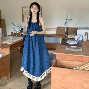 夏季 300斤宽松甜美长裙子 新款 显瘦拼接流苏吊带连衣裙女胖MM大码