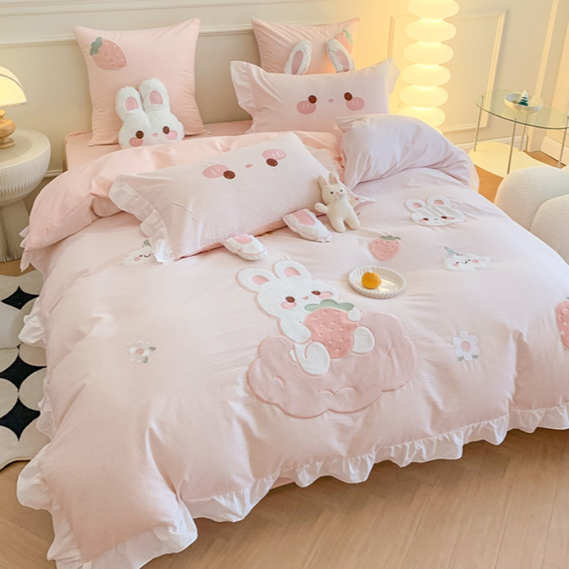 网红款可爱草莓兔全棉水洗棉四件套少女心儿童纯棉三件套床上用品,床上用品,床品套件/四件套/多件套,淘宝优惠券,粉丝福利购,淘宝优惠卷