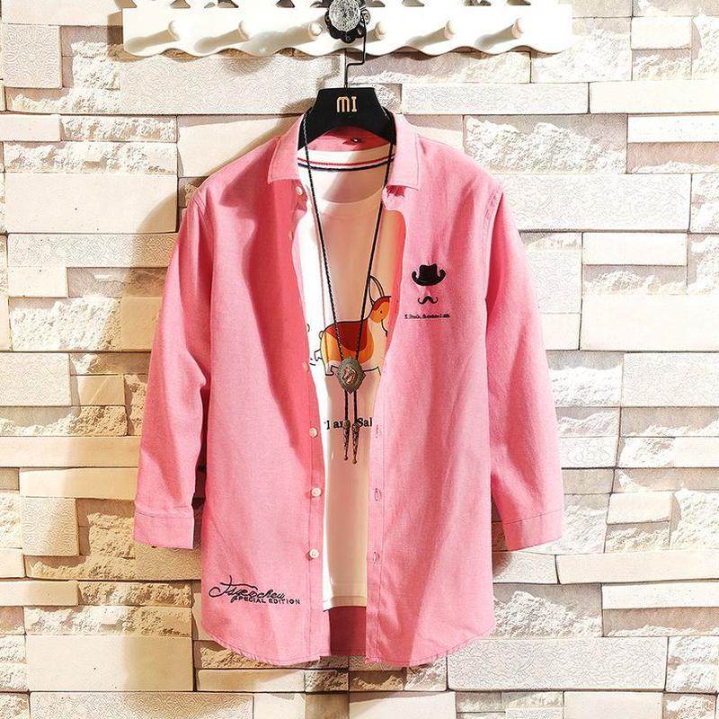 潮流寸衫衬衫帅气2024袖7分男士七分袖新款衬衣春季青年休闲粉色,男装,衬衫,淘宝优惠券,粉丝福利购,淘宝优惠卷