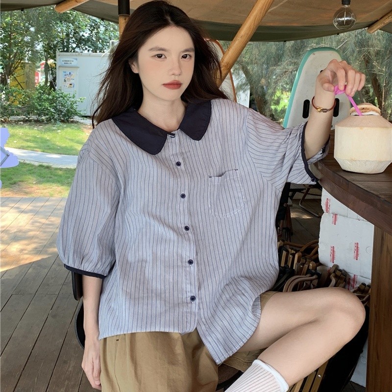 大码女装胖mm夏季新款韩版简约竖纹撞色娃娃领短袖衬衫女宽松上衣