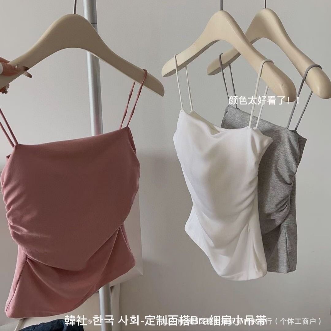 夏季辣妹纯欲褶皱吊带背心女细肩带内搭甜辣风无袖小上衣外穿显瘦