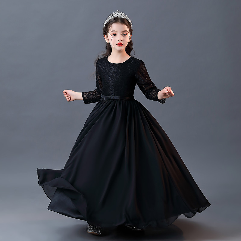 黑色长款袖蕾丝儿童女演出晚钢琴大提琴演奏服走秀春夏