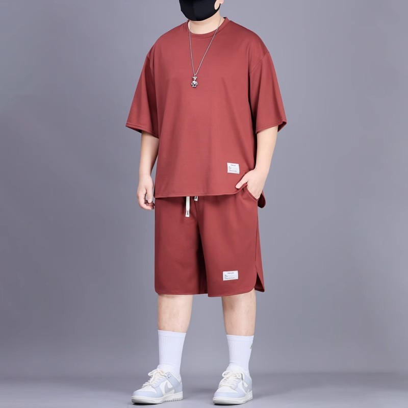 推荐夏季休闲运动套装男款大码圆领上衣短袖体恤抽绳五分短裤两件