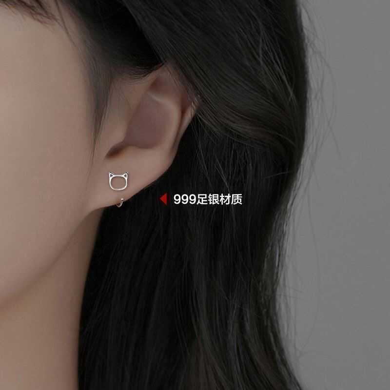 新品S925纯银小众设计镂空猫咪耳钩耳钉养耳洗睡免摘简约耳环耳骨