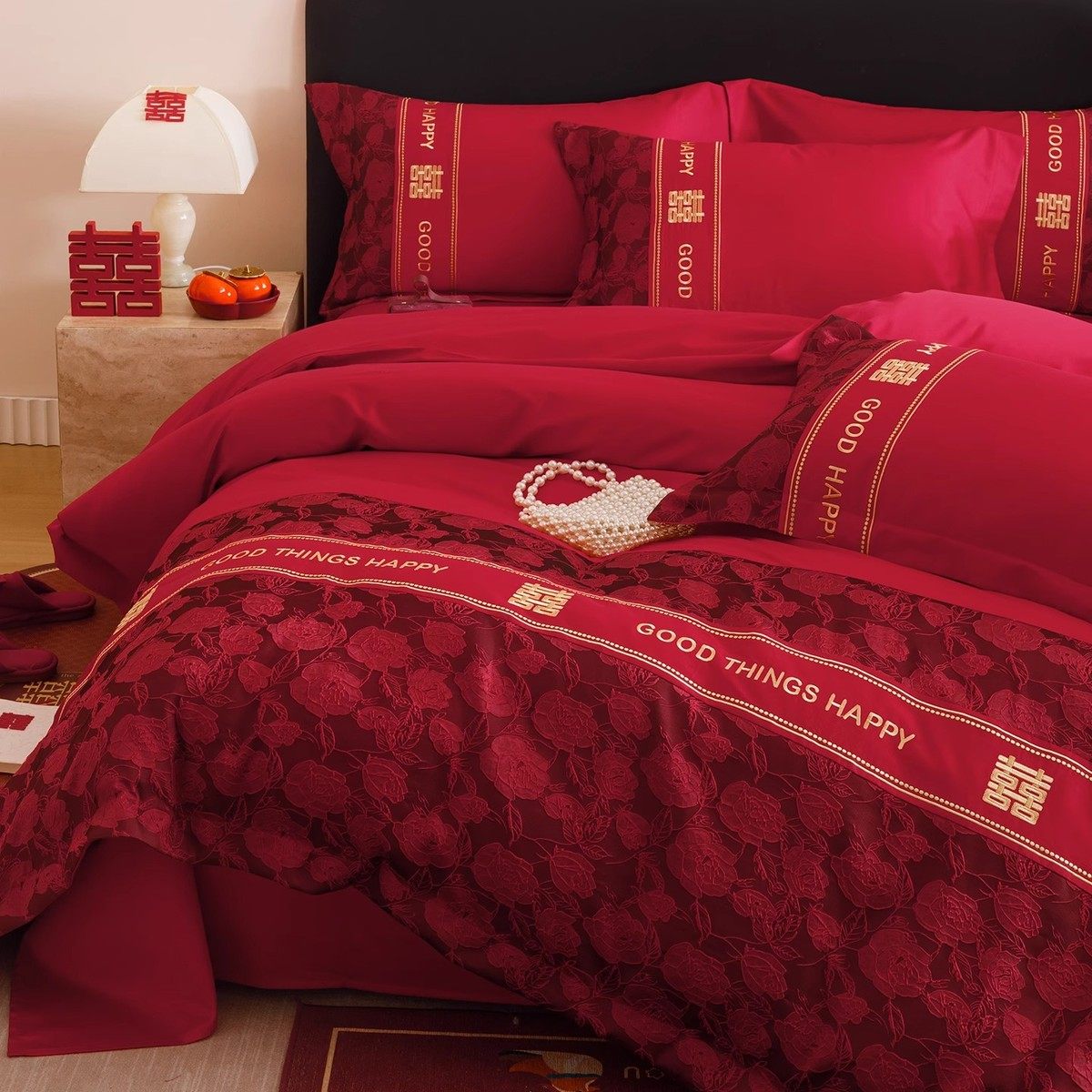 高档中式刺绣结婚四件套大红色新婚陪嫁被套婚庆床上用品婚房婚礼,床上用品,婚庆床品套件,淘宝优惠券,粉丝福利购,淘宝优惠卷