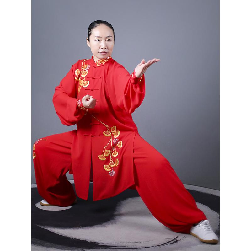 马蕾太极新款个人团队太极拳武术表演健身气功中长款刺绣银杏飞武