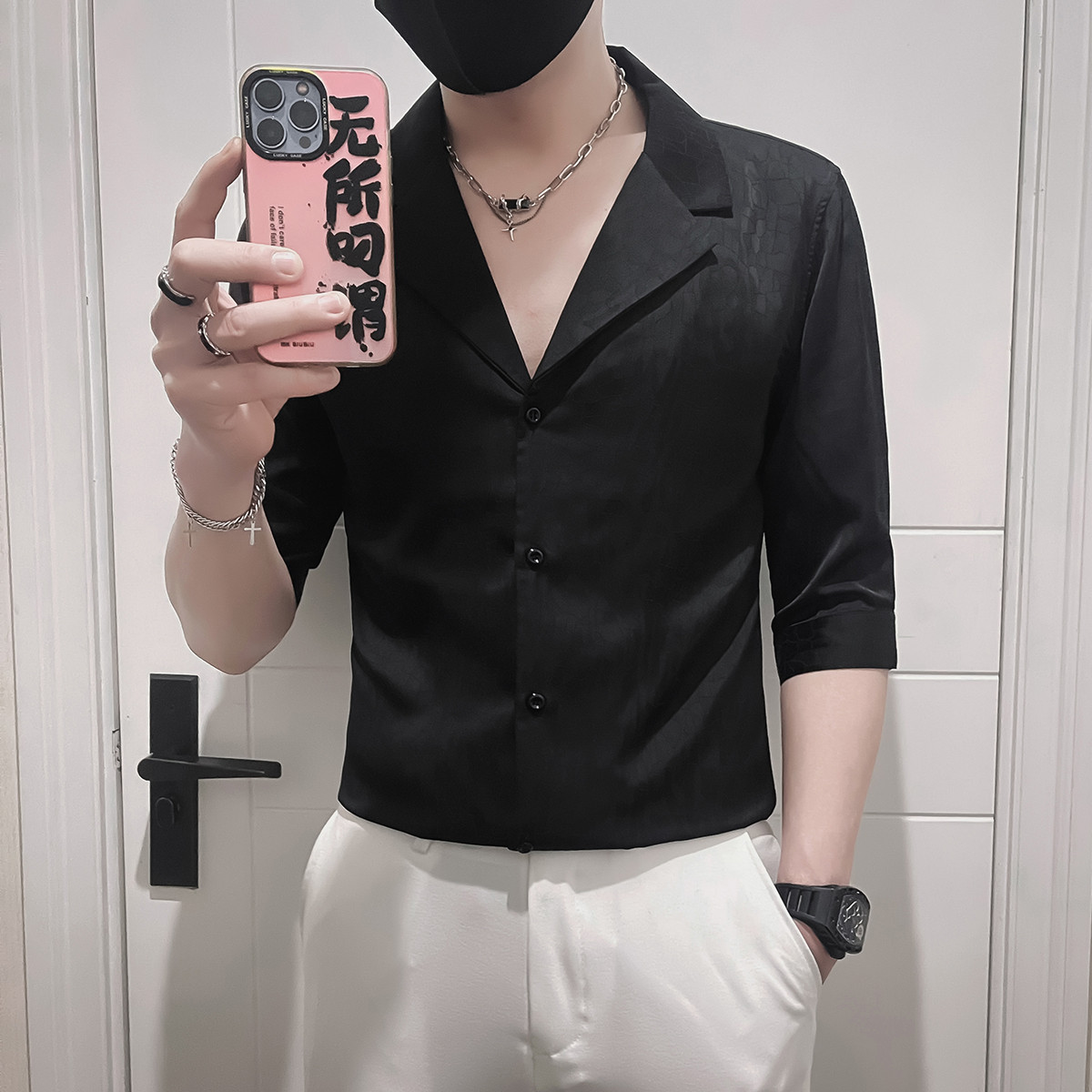 好货暗花西装领衬衫男短袖夏季新款高级感时尚修身舒适休闲七分袖
