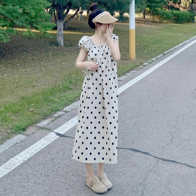 小个子夏季新款泡泡袖韩版气质波点温柔风系带甜美宽松减龄