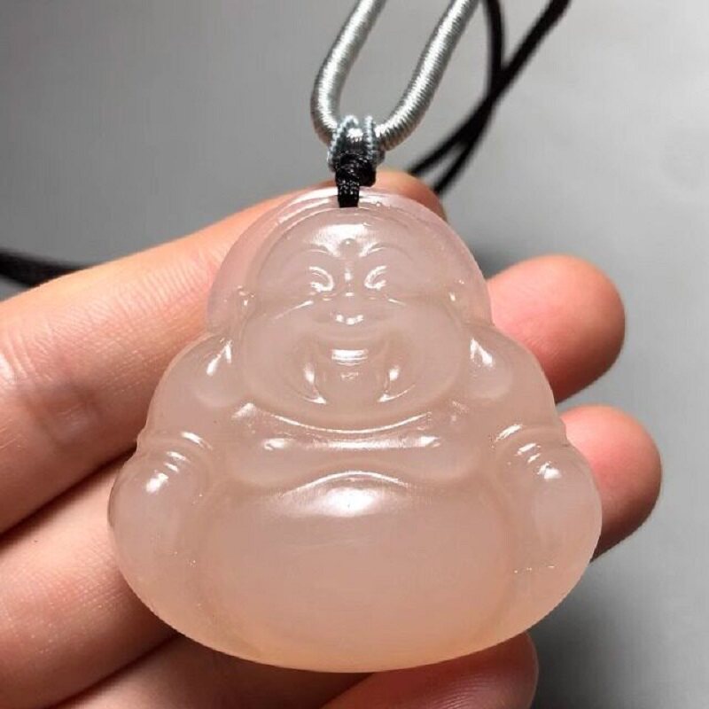天然玉石藕粉双面雕刻佛公吊坠项链玉坠青白玉大肚弥勒佛笑佛玉佩