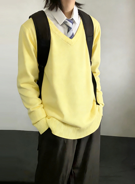 dk日系制服男女动漫黄色外穿打底套头jk毛衣V领长袖高级感针织衫