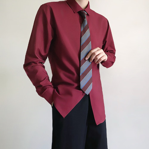dk制服原创酒红色长袖衬衫修身
