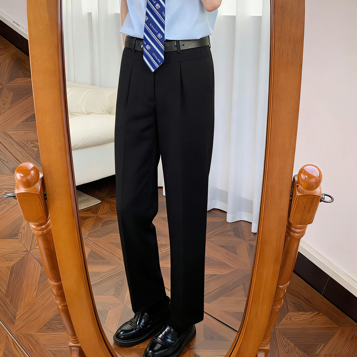 dk制服日系休闲薄款春夏直筒西裤男黑色免烫长裤青少年垂坠感裤子
