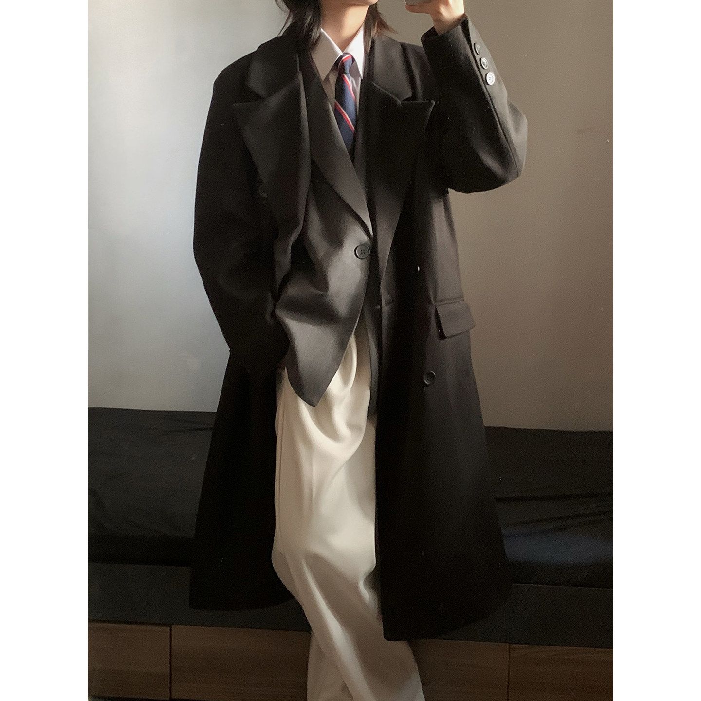 dk制服男潮流新款黑色中长款过膝外套英伦宽松青少年学生大衣风衣