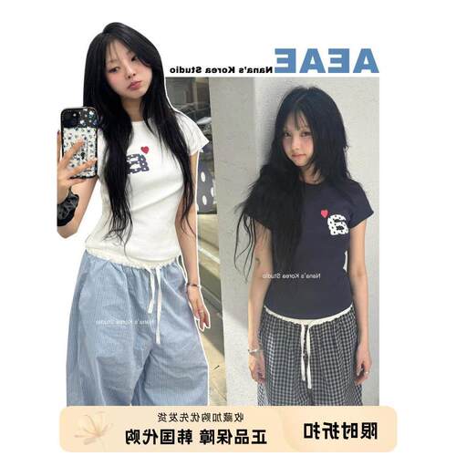 【Nana】韩国aeae格子条纹休闲裤女夏宽松慵懒风小翅膀阔腿长裤子