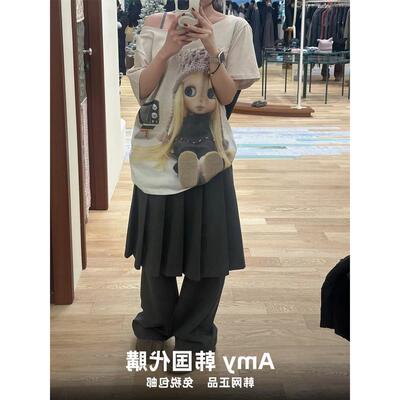 韩国coyseio联名blythe数码娃娃印花斜肩短袖T恤韩女宽松露肩上衣