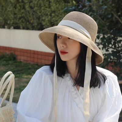 赫本风法式草帽女夏季大檐海边沙滩遮阳帽防晒帽飘氛围感带太阳帽