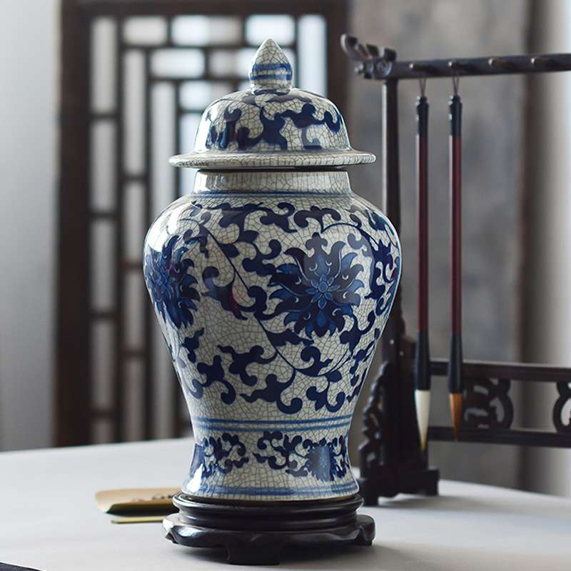 陶瓷器青花瓷落地大花瓶插花客厅装饰品摆件大号将军罐