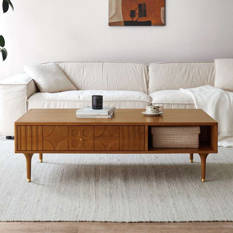 实木雕花长方茶几小户型中古风茶几复古黄杨木储物茶桌客厅家具