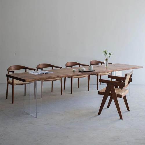 长条会议桌悬浮亚克力大板办公室整块茶桌原木黑胡桃木现代简约