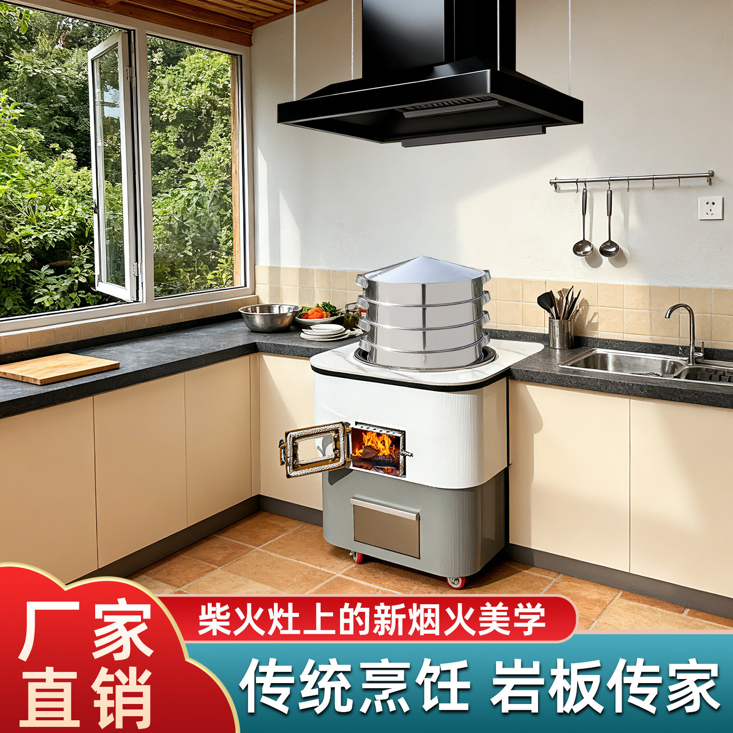 特厚柴火灶新款农村家用烧木柴灶台户外大锅台岩板台面温水锅炉灶