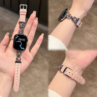苹果手表表带KT猫镶钻荔枝纹皮质腕带女适用ApplewatchS10