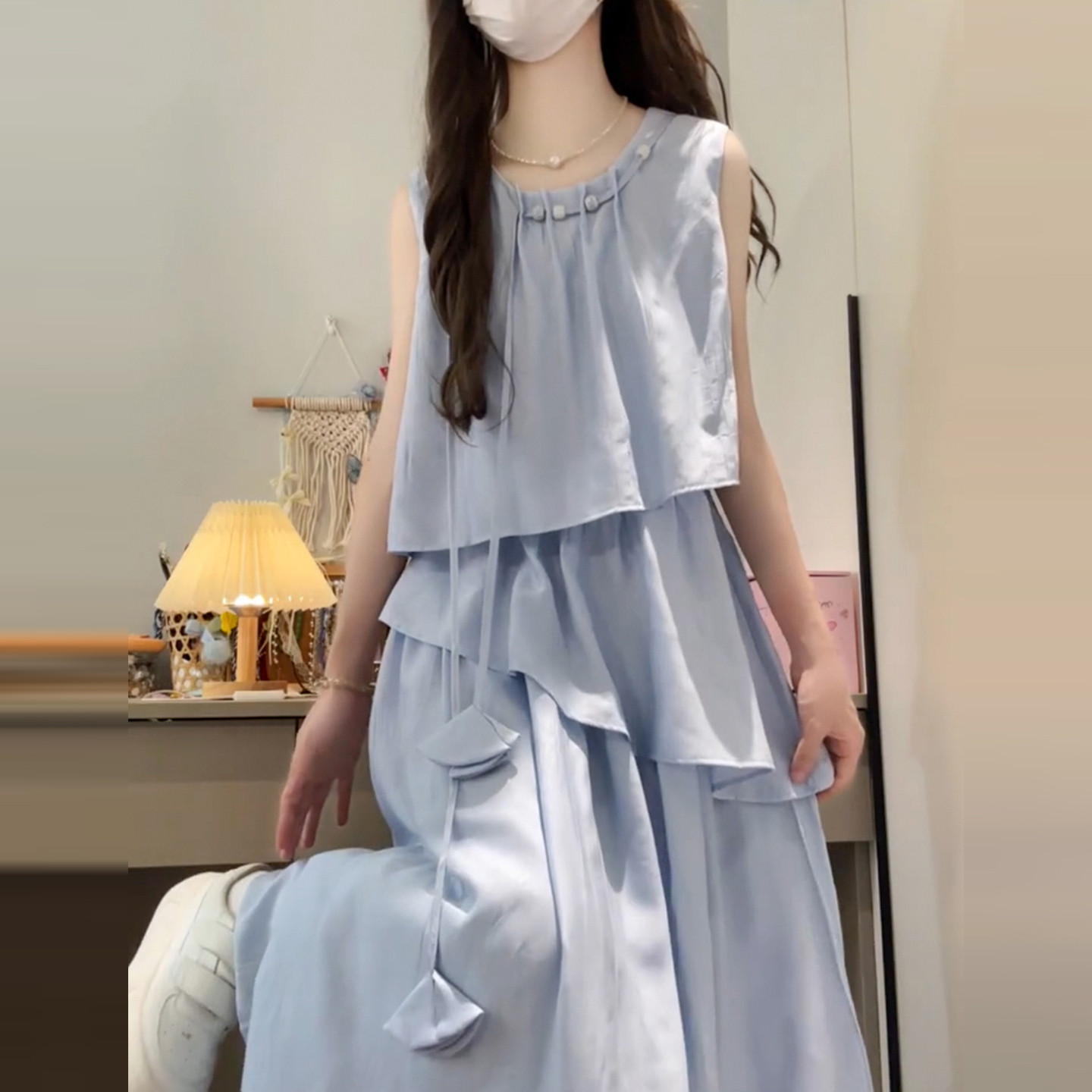 巨好看小个子蓝色洋装子女装夏季2025新款气质无袖长裙度假穿搭