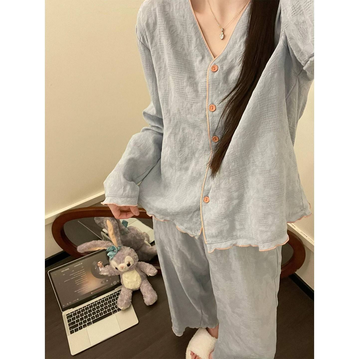 温柔甜美高级感纯色睡衣睡衣女2025春秋新款长裤家居服套装可外穿