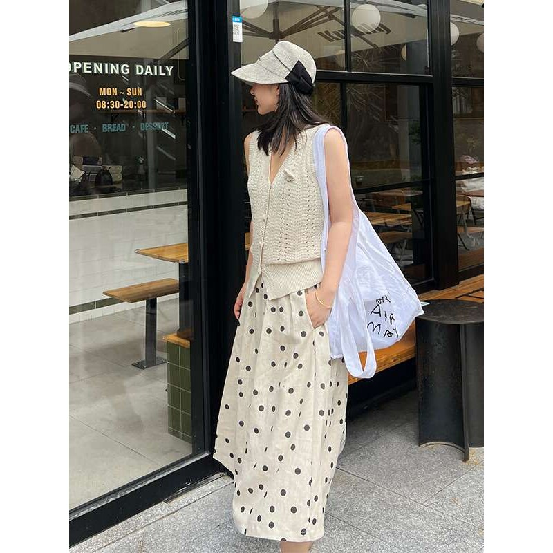 2025夏季新款亚麻黑色圆点半身裙高级法式慵懒休闲波点裙女