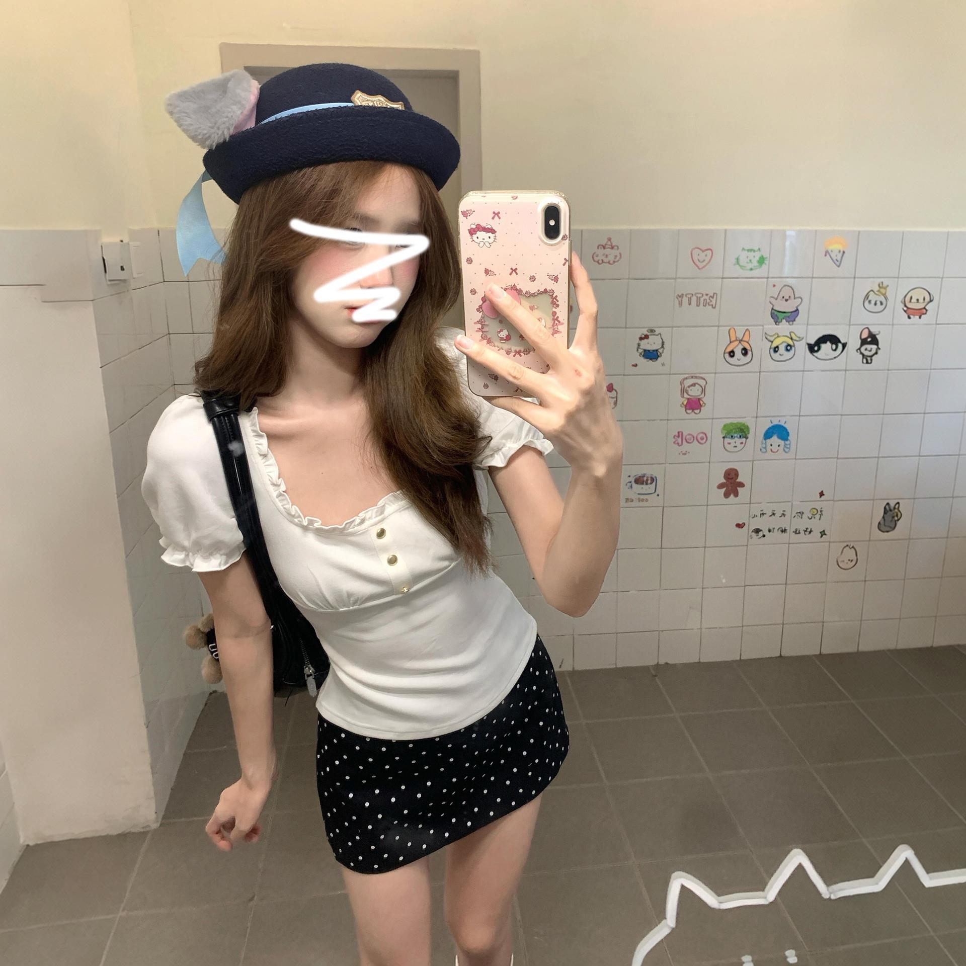 黑色波点西装短裙女夏季薄款大码胖mm遮肚显瘦梨形身材a字半身裙