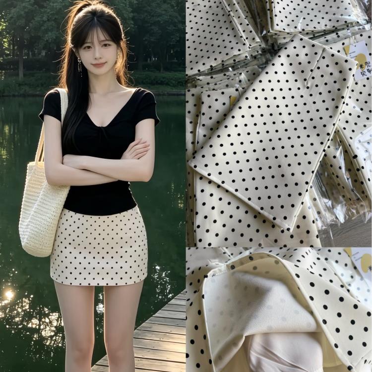 法式杏色西装波点半身裙女夏季薄款a字辣妹气质高腰显瘦包臀短裙