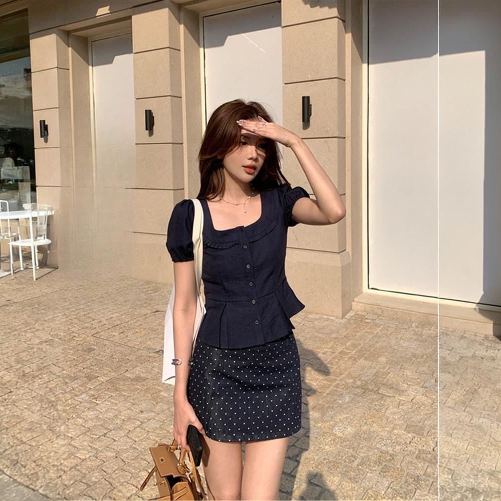 黑色波点半身裙女夏季miu系穿搭初夏漂亮绝美小短裙子a字包臀半裙