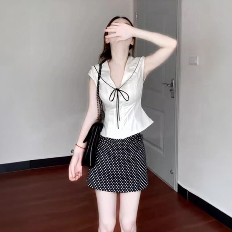 黑色波点半身裙女夏季miu系穿搭初夏漂亮绝美小短裙子a字包臀半裙