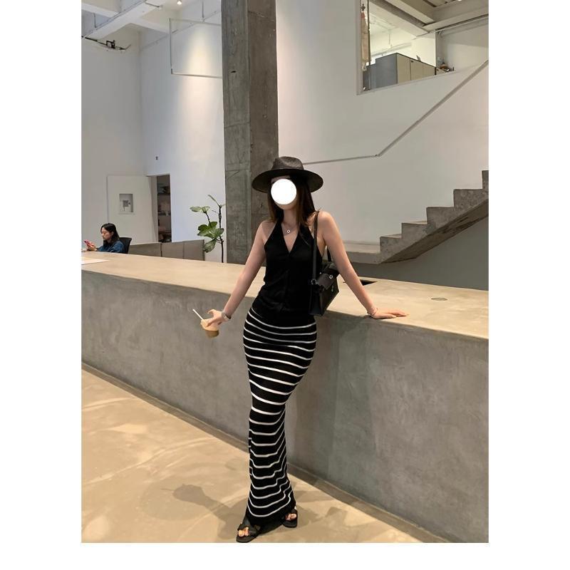 气质条纹撞色半身裙时尚韩系修身裙子显瘦百搭慵懒夏季休闲长裙