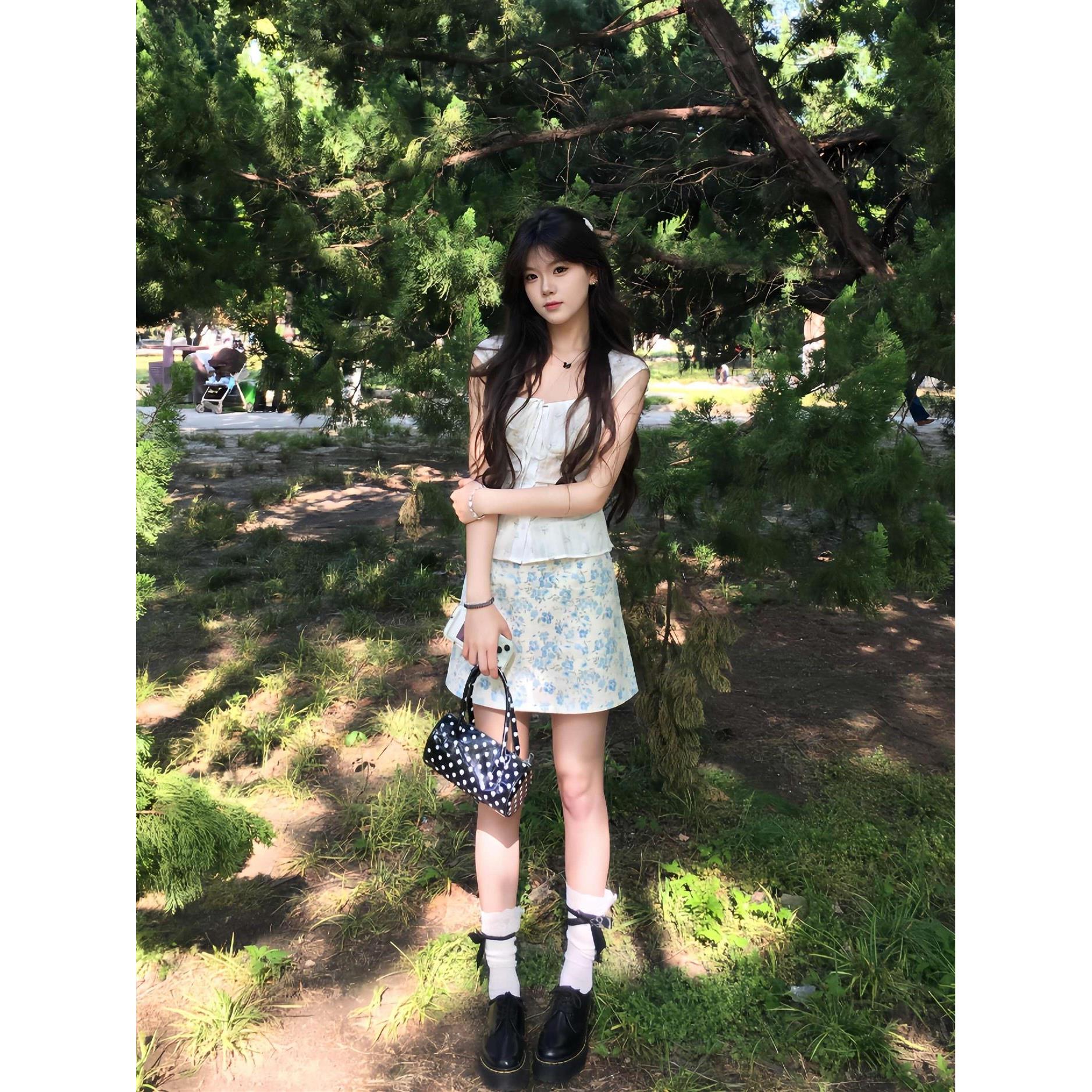 蓝色碎花短裙女春秋夏季2026新款高腰显瘦a字包臀裙遮胯半身裙