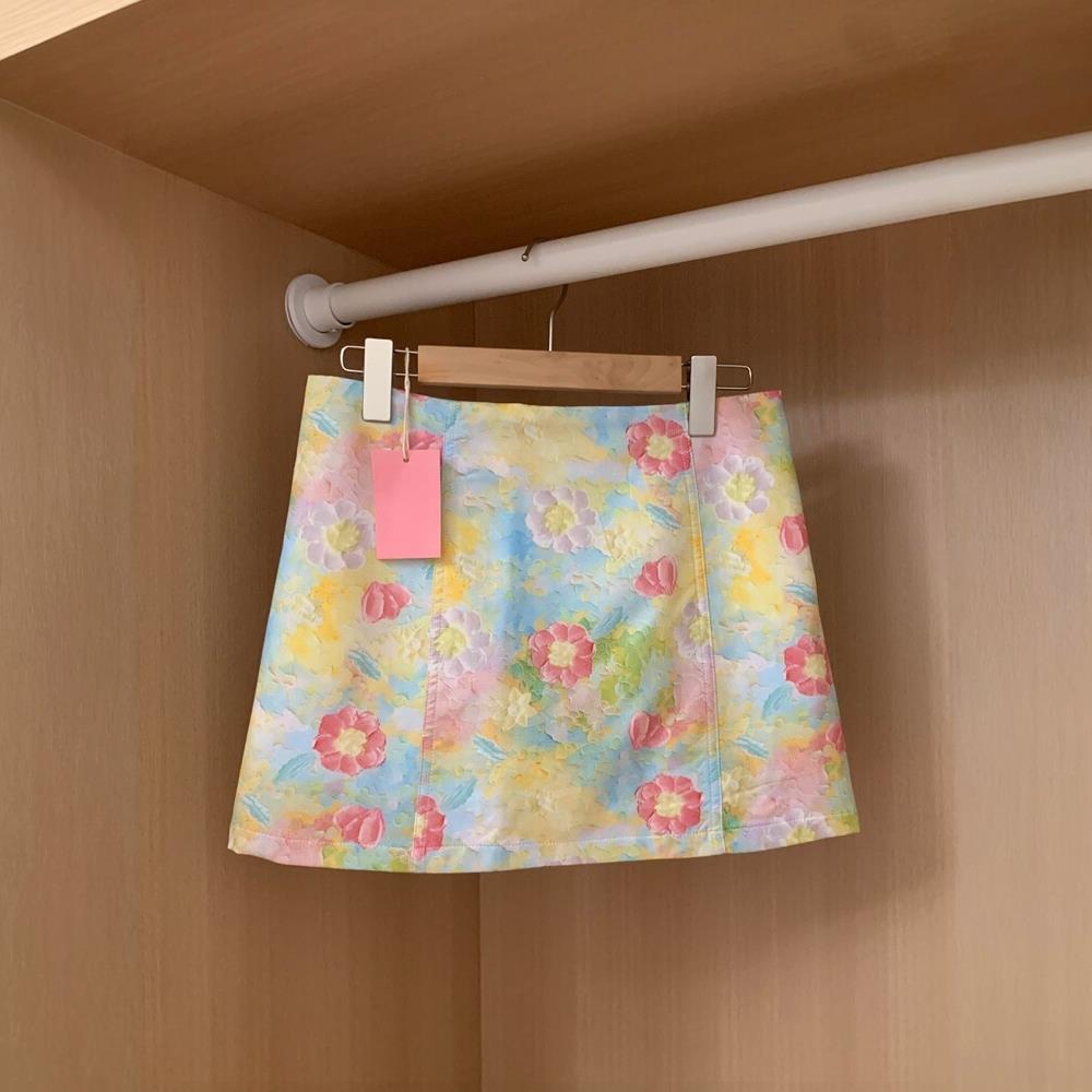 彩色油画印花夏季半身裙女高腰显瘦a字包臀甜美短裙