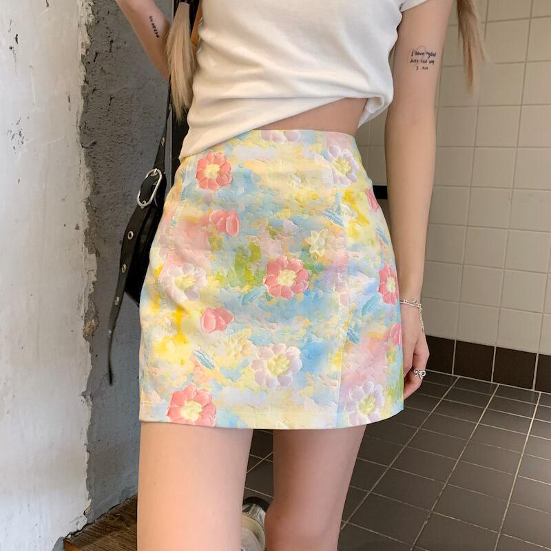 复古少女小众碎花感彩色油画印花高腰显瘦A字夏季百搭半身半身裙