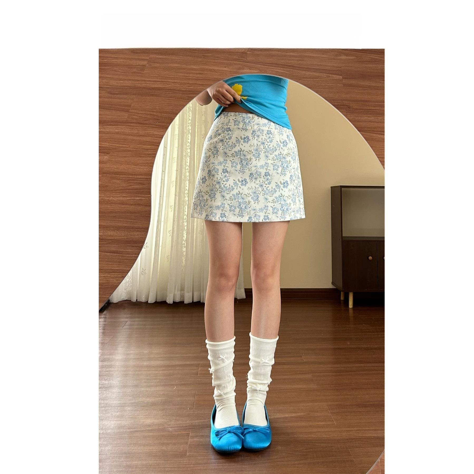 蓝色碎花半身裙女夏季2026新款夏季高腰显瘦a字短裙小个子包臀裙