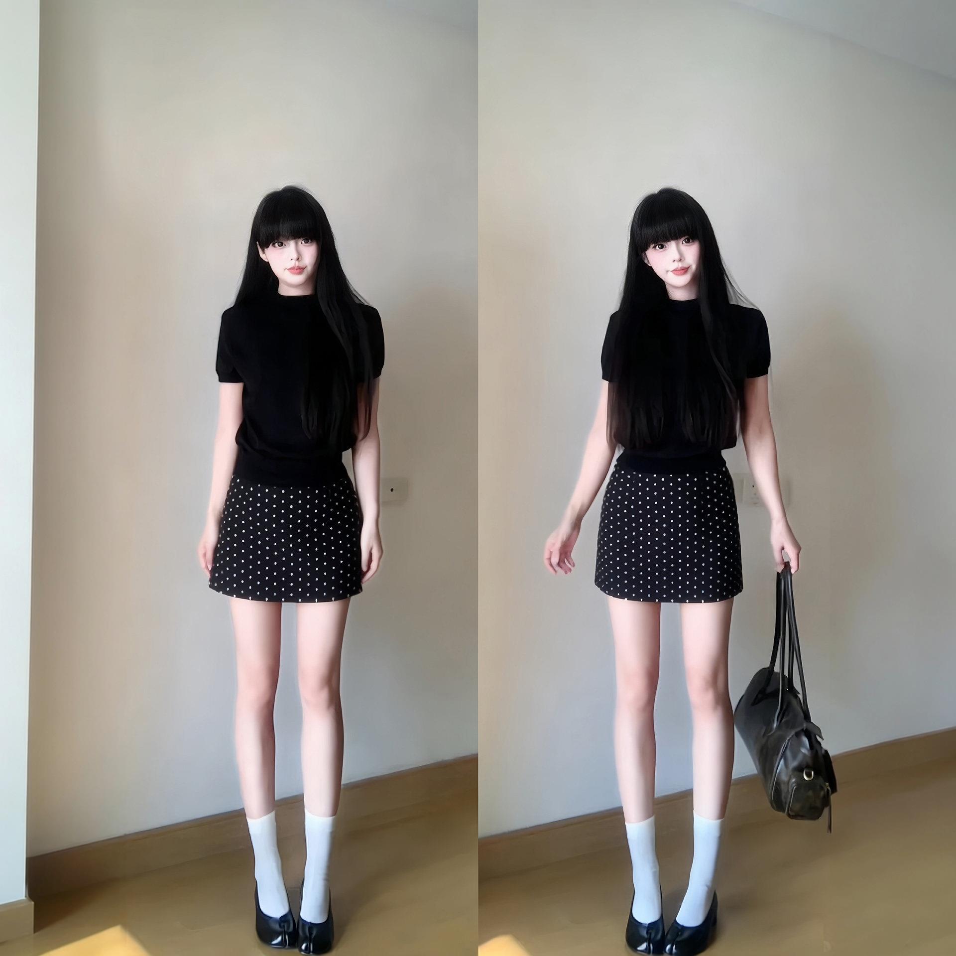 黑色波点半身裙女夏季miu系穿搭初夏漂亮绝美小短裙子a字包臀半裙
