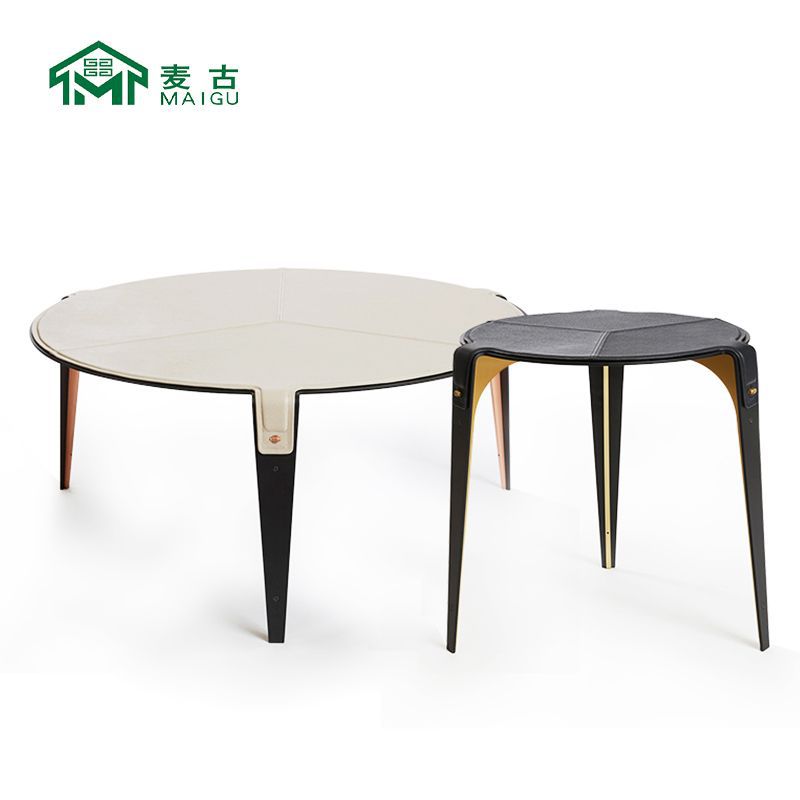 北欧现代简约圆形支架茶几不锈钢马鞍皮金属卧室边几角几设计师款