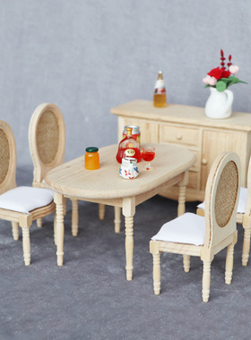 1:12娃娃屋dollhouse欧式迷你家具模型麻布椅diy实木橡木桌椅套装