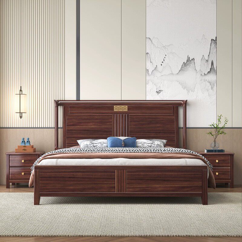 实木床新中式轻奢主卧室双人床高档高箱储物婚床1.8米m乌金木大床