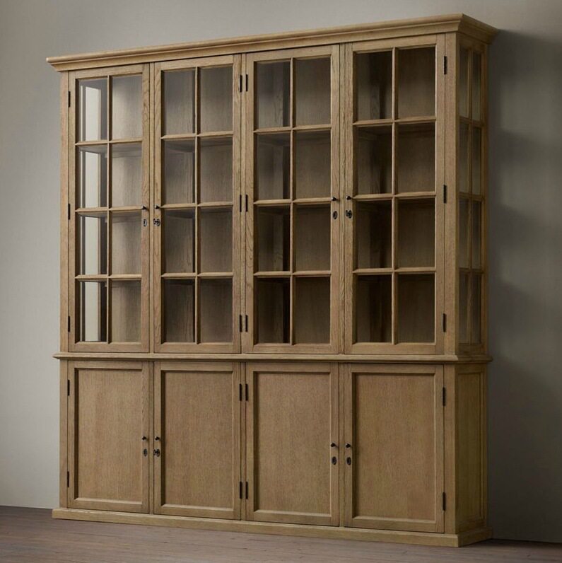 RH美式乡村做旧实木四门书柜法式复古橡木挂式收纳天地锁卧室衣柜