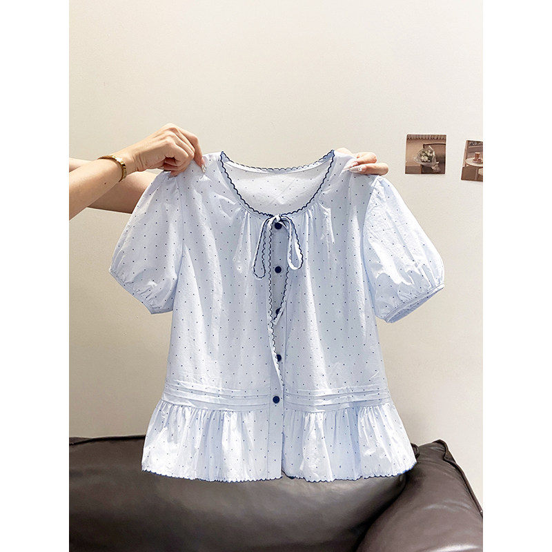 少女感波点泡泡袖衬衫女2026夏季新款系带圆领荷叶边收腰显瘦上衣